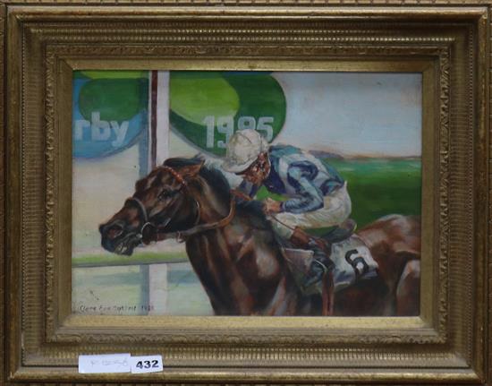 Claire Eva Burton, oil on canvas, jockey and racehorse, The Derby 1985, signed and dated 1986, 24 x 34cm
